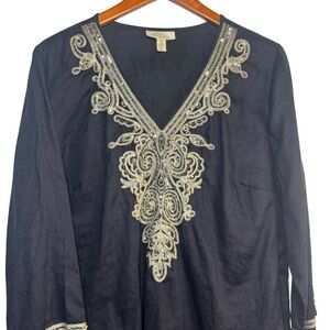 Charter Club‎ Women Linen Tunic Size 1X Navy Blue & Silver With Sequins
